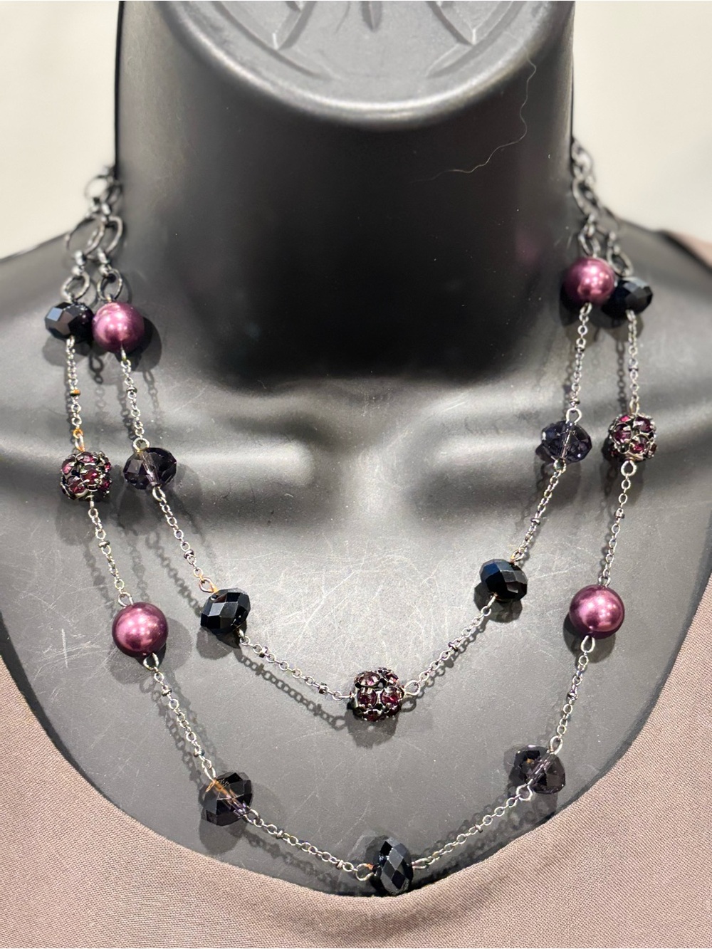 Liz Claiborne Purple Pearl and Black Bead Layered Necklace